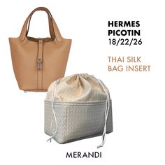 MERANDI Premium silk bag inserts for H bags Instagram: @MerandiWorld - Model: Picotin 18, 22, 26 (Other models are also available) - Functions: Organise Contents, Maintain Bag Shape, Protect the interior, Protect you from Pickpockets. ** It is possible to request for an insert without the upper drawstring part.** Why Merandi? 1. Exclusive Materials: Locally-sourced and hand-selected, every silk has its own story. 2. The Perfect Fit: Merandi inserts fit Hermes bags seamlessly with soft edges prot Soft Edges, Thai Silk, Silk Bag, Bag Insert, Leaves Pillow, Hermes Bags, Clutch Handbag, Drawstring Bag, Evening Bags