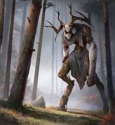 an image of a man in the woods with horns on his head and arms outstretched