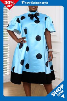 knowfashionstyle Blue Casual Dot Print Patchwork With Bow Half A Turtleneck Short Sleeve Dress Plus Size Dresses Short Sleeve Dress, Dress Plus Size, Dot Print, Wholesale Fashion, Plus Size Dresses, Dresses Online, Sleeve Dress, Short Sleeve Dresses, Dresses With Sleeves