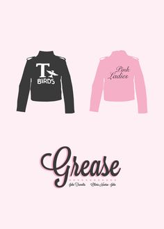 two jackets with the words grease and pink ladies in black on them, one has a bird