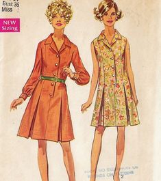 Misses Shirtdress: The princess dress with front button closing above center front seam has notched collar, inverted pleats in side front and back seams and optional purchased belt. View 1: long set-in sleeves gathered to buttoned cuffs. View 2: sleeveless. Pattern printed by Simplicity in 1968, and is in factory folds.  This is an original sewing pattern with all of the original pattern pieces and instructions. This is NOT a PDF or copy, and is NOT the actual garment. Size 14 Bust 36 Waist 27 H Spring A-line Single Breasted Dress, Retro Semi-formal Dresses With Buttons, Spring Vintage Dress With Covered Buttons, Daywear Dresses With Buttons And Collar, Spring Dresses With Buttons And Collar, Spring Dresses With Collar And Buttons, Spring Semi-formal Dress With Box Pleat, Vintage Semi-formal Spring Dress, Semi-formal Vintage Spring Dress