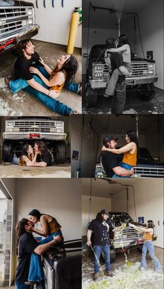 multiple pictures of people hugging each other in front of a truck and another person sitting on the ground