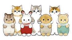 a group of cats standing next to each other in front of a white background with an orange cat on it's chest