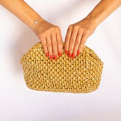 Handmade unique crochet bag, Wich will perfectly complete your evening fabulous look. Made from metallic yarn and satin lining Size 30cm x 18 cm Evening Crochet Bag With Braided Handles In Natural Color, Gold Rectangular Crochet Bag With Braided Handles, Gold Woven Straw Bags, Summer Gold Clutch For Everyday Use, Gold Clutch For Everyday Summer Use, Handwoven Straw Bag For Evening, Handwoven Crochet Evening Bag For Summer, Gold Woven Straw Clutch Bag, Handwoven Summer Evening Crochet Bag