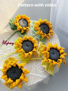 four sunflowers sitting on top of a doily with the words pattern with video below