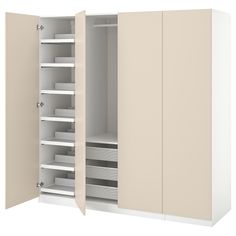 an open cabinet with shelves and drawers