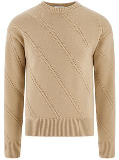 sand beige virgin wool fine knit knitted construction long sleeves crew neck silver-tone logo plaque ribbed cuffs and hem Luxury Beige Sweater For Fall, Designer Cream Sweater For Fall, Beige Crew Neck Sweater, Designer Cream Sweater For Winter, Cream Sweater With Ribbed Crew Neck, Classic Cream Sweater With Ribbed Cuffs, Designer Wool Sweater With Crew Neck, Beige Winter Sweater With Ribbed Neckline, Elegant Beige Sweater With Ribbed Collar