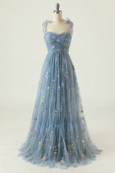 Blue Floral Embellished Evening Dress For Gala, Blue Floral Applique Dress For Gala, Blue Floral Embroidered Dress With Fitted Bodice, Blue Floral Applique Prom Dress, Blue Evening Dress With Floral Embroidery For Party, Blue Floral Applique Dress For Prom, Blue Floral Embroidery Evening Dress For Party, Blue Floral Embroidery Evening Dress, Blue Floral Embroidered Evening Dress For Party