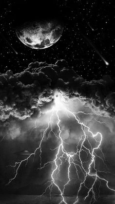 a black and white photo of lightning in the sky with two moons above it