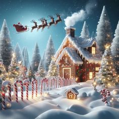 a christmas scene with santa's sleigh flying over a house and candy canes