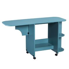 a blue table with wheels on the bottom and an open shelf below it, against a white background