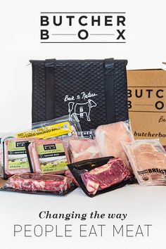 the butcher box is full of meats, vegetables and other things to eat for dinner