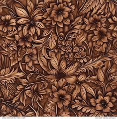 an intricately detailed wood carving pattern with flowers and leaves in brown, on a white background