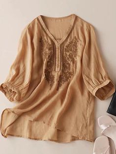 DescriptionSPU:WTS199183Material:TeryleneStyle:Casual/VintagePattern Type:FloralElement:Embroidered/Button DesignType:Stitching WaySize:M/L/XL/XXL/XXXLFit Type:LooseNeckline:V Neck*The item does not include any accessories in the picture, unless stated otherwise in the product description.Size chartSizeShoulderBustSleeve LengthClothing LengthCMINCHCMINCHCMINCHCMINCHM40.015.75102.040.1635.013.7858.0~65.022.83~25.59L41.016.14106.041.7335.013.7862.0~67.024.41~26.38XL42.016.54110.043.3136.014.1763.0 Everyday Outfits Summer, Comfortable Blouses, Fine Embroidery, Outwear Coat, Retro Tops, Elegant Blouses, Summer Blouses, Blouse Online, V Neck Blouse