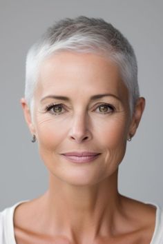 If you’re feeling adventurous consider going for a low-maintenance buzz cut. It makes a statement accentuating your facial features. Click here to check out more gorgeous short haircuts for women over 60 in 2023. 2023 Haircuts, Super Short Haircuts, Chic Short Haircuts, Chemo Hair, Very Short Haircuts, Short Grey Hair, Super Short Hair