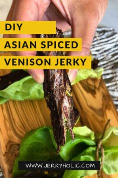 A close up of a hand holding a piece of venison jerky with lettuce in the background and a yellow and black text overlay. Sauce For Venison, Ginger Soy Marinade, Homemade Jerky, Jerky Recipe, Asian Spices, Asian Sauce