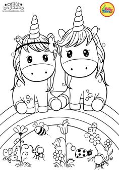 two cute unicorns sitting on top of a rainbow with flowers and butterflies around them