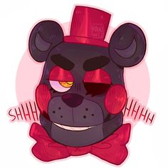 a black bear wearing a red hat and bow tie with the words shh on it