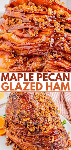 maple pecan glazed ham on a white plate