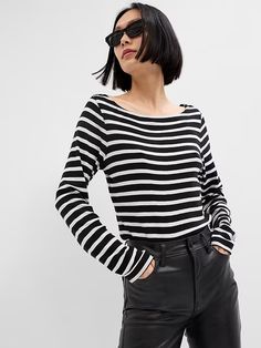 Favorite Stripe Boatneck T-Shirt | Gap Factory Gap Style, Boat Neck Long Sleeve, Navy Stripes, Cotton Knit, Boat Neck, Black And Navy, White Stripe, Fall Outfits, Gap