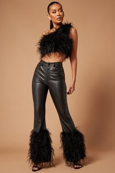 Available In Black. Faux Leather Pant Front Closure Pockets Feather Trim Flare Leg Slight Stretch Shell: 55% Polyurethane 45% Polyester Lining: 95% Polyester 5% spandex Imported | Harper Feathered Leather Pant in Black size Small by Fashion Nova Stretch Faux Leather Pants For Club, Faux Leather Pants For Club In Fall, Fitted Leather Club Pants, Fitted Leather Pants For Club In Fall, Fitted Polyurethane Leather Pants For Night Out, Winter Club Faux Leather Pants, Leather Bottoms For Party In Fall, Leather Bottoms For Fall Party, Winter Polyurethane Leather Pants For Night Out