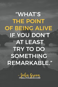 “What’s the point of being alive if you don’t at least try to do something remarkable” – John Green. Click here for 19 quotes that motivate to get started in life. Plus, get 10 FREE shareable motivational quotes. #Motivation #MotivationalQuote #Motivate #Motivator #GetMotivated #Inspiration #Productivity #AdviceQuotes #SelfImprovement #PersonalDevelopment #GrowthMindset #SelfHelp #Millennial #Quote #QuoteOfTheDay #QuotesToLiveBy #QuotesDaily #QuotesToRemember #InspirationalQuotes John Green Quotes, Quote Board, Blood Type, Uplifting Messages, John Green, Life Motivation