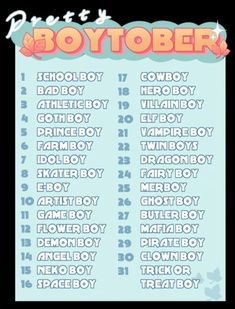 a poster with the words boytober written in different colors and font on it