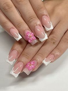 follow @ta1ena for more! 🌸 Summer Flowers Nails, Orchid Nails Square, Flower Nails Square, French Tip With Flower Design, French Flower Nails, Summer Nails With Flowers, Flower Gel Nails, Square Nails Summer, Summer Flower Nails