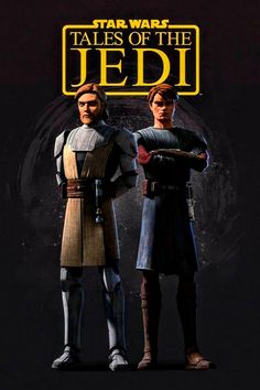 two people standing next to each other in front of a star wars poster with the words tales