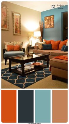 a living room with blue walls and orange accents in the color scheme, including two couches and a coffee table