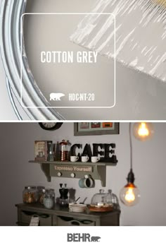 two different pictures with the words cotton grey in white and light blue above them are photos of kitchen items on shelves