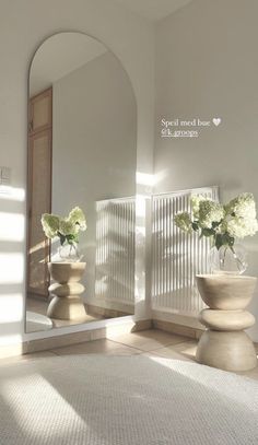 two vases filled with flowers sitting on top of a white rug in front of a mirror