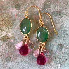 New Breathtaking Handcrafted Earrings 1.8” Total Length, 10mm Wide Natural Green Jade Gemstone Wrapped In 18k Gold Plated Bezel. Natural Genuine Blue Aquamarine Teardrop, Pale Pink Genuine Aquamarine Beryl Gemstone Teardrop, Rubellite Raspberry Tone Faceted Quartz Briolette Gold Plated Ear Wires I Can’t Begin To Tell You How Beautiful This Is Additional 10% Discount With Bundle Please Review My Other Exclusive Handcrafted Jewelry On Sale Handmade In Us Handcrafted Item Fast Shipping Gemstone Dangle Jewelry For Celebrations, Dangle Gemstone Jewelry For Celebration, Celebration Dangle Gemstone Jewelry, Celebration Dangle Jewelry With Gemstones, Fusion Style Jewelry With Gemstone Accents For Celebration, Fusion Jewelry With Gemstone Accents For Celebration, Traditional Drop Earrings With Gemstone Accents, Traditional Gemstone Drop Earrings, Teardrop Gemstone Earrings For Celebration