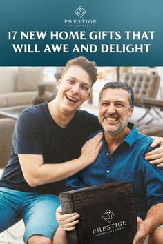 a man and woman sitting next to each other holding a sign that says, 17 new home gifts that will awe and delight