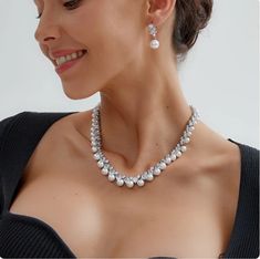 Pearl and 5A CZ Platinum Plated Wedding Jewelry Set ne10130 Formal Pearl Drop Jewelry Sets With Cubic Zirconia, Anniversary Jewelry Sets With Pearl Drop And Cubic Zirconia, Silver Bridal Necklace With Pearl Drop And Cubic Zirconia, Silver Cubic Zirconia Pearl Necklace For Parties, Wedding Jewelry Set, Fabulous Wedding, Vintage Inspired Jewelry, Wedding Accessories Jewelry, Cz Necklace