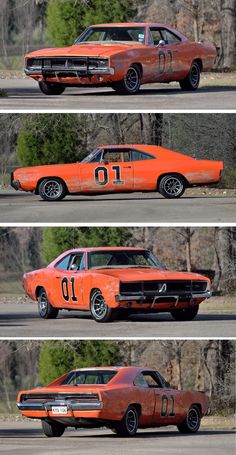 three pictures of an orange muscle car with numbers on the front and side, in different stages