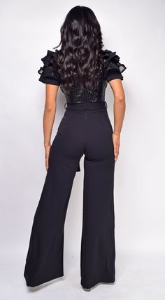 Jumpsuit V neckline Sequin cap sleeves Ruffle Wide leg Waist tie belt Back zipper closure Model is wearing size Small Red Sequin Jumpsuit, Red Lace Jumpsuit, Black Sequin Jumpsuit, Black Lace Jumpsuit, Leopard Print Jumpsuit, Sequin Jumpsuit, Lace Jumpsuit, White Leopard, Red Sequin