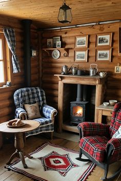 a living room filled with furniture and a fire place next to a wooden burning stove