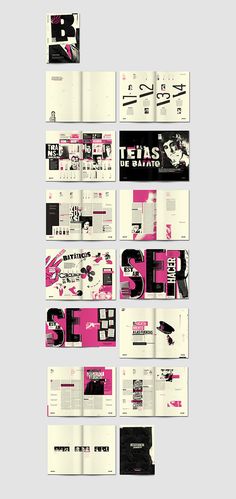 an assortment of brochures with pink and black designs