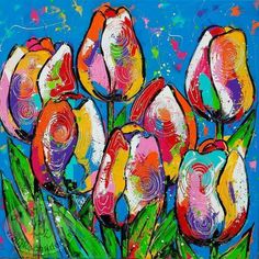 a painting of colorful tulips on a blue background