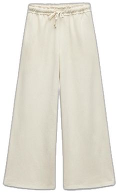 Beige High-waisted Pull-on Pants, Beige Pull-on High-waisted Pants, Chic Wide Leg Sweatpants With Ribbed Waistband, Cream Wide Leg Sweatpants With Elastic Waistband, Cream Wide-leg Sweatpants With Elastic Waistband, Beige Pants With Ribbed Waistband For Spring, Cream Cotton Wide Leg Pants With Elastic Waistband, Cream Wide Leg Cotton Pants With Elastic Waistband, Chic Trousers With Ribbed Waistband