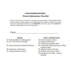 an information sheet for the parent information checklist is shown in this file, which includes instructions