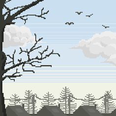 a pixel art scene with trees and clouds