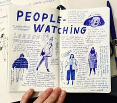 a hand holding an open notebook with people watching written on the pages and in blue ink