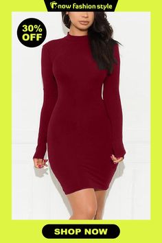 Wine Red Fashion Sexy Long Sleeve Dress Solid Color Bodycon Dress For Fall, Fitted Solid Color Midi Dress For Night Out, Flirty Fitted Midi Dress For Fall, Flirty Bodycon Winter Mini Dress, Flirty Bodycon Mini Dress For Winter, Trendy Mini Dress For Clubbing In Winter, Winter Party Bodycon Dress In Solid Color, Winter Bodycon Mini Dress For Going Out, Fitted Solid Red Midi Dress