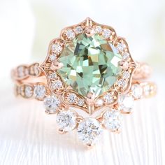 Large Green Sapphire Ring Stack Gold U Shaped Diamond Wedding Band Set Luxury Pista Green Wedding Sets, Elegant Engagement Rings Green, Ring Stack Gold, Sapphire Engagement Ring Gold, Diamond Ring Stack, Vintage Halo Ring, Green Sapphire Engagement, Black Diamond Studs, Green Sapphire Engagement Ring