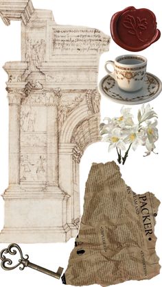 an image of a piece of paper with flowers and a cup on it next to a map