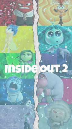 inside out 2 movie poster with cartoon characters in different colors and sizes, including the words inside out