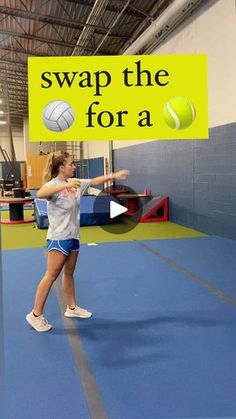 a woman is swinging a tennis racket at a ball on a court that says swap the for a