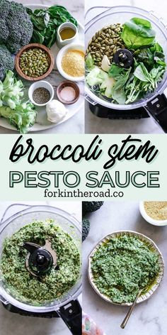 broccoli steam pesto sauce in a food processor with other ingredients surrounding it